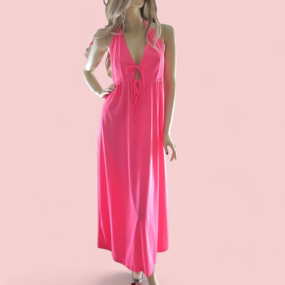 Vintage 70s Hot Pink Halter Maxi Gown M Cutout Front Open Back Bombshell Gown